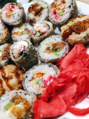 Sushi rolls rice fish Japan food macro photo