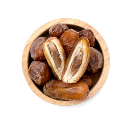 dry dates palm in wooden bowl isolated on white background.