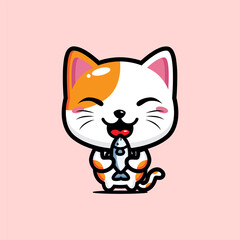 cartoon cute lucky cat vector design holding a fish