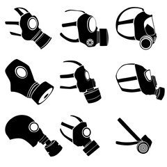Images of nine different gas masks isolated on a white background.