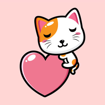 cartoon cute fortune cat vector design hugging a big heart