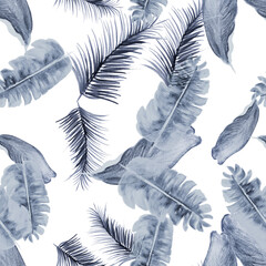 Azure Tropical Design. Cobalt Seamless Vintage. Blue Pattern Hibiscus. White Banana Leaves. Indigo Wallpaper Botanical. Navy Flora Nature. Gray Decoration Nature.