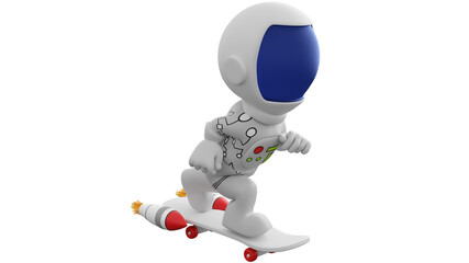 3D Cartoon Astronaut Running with Skateboard. An astronaut is a person trained, equipped, and deployed by a human spaceflight program to serve as a commander or crew member aboard a spacecraft. - obrazy, fototapety, plakaty