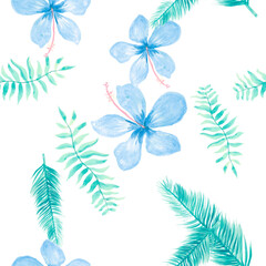Gray Seamless Foliage. Cobalt Pattern Texture. White Tropical Design. Indigo Flower Textile. Blue Drawing Painting. Navy Watercolor Texture. Spring Texture.