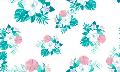 Obraz premium Gray Seamless Vintage. Indigo Pattern Exotic. Navy Tropical Nature. White Floral Foliage. Blue Flora Exotic. Cobalt Watercolor Art. Decoration Leaves.