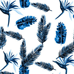 Blue Pattern Background. White Tropical Palm. Gray Floral Nature. Indigo Flora Foliage. Azure Decoration Textile. Navy Wallpaper Plant. Cobalt Spring Exotic.