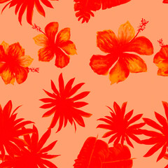 Pink Seamless Botanical. Red Pattern Hibiscus. Ruby Tropical Palm. Scarlet Flower Palm. Coral Spring Foliage. Banana Leaves. Floral Textile. Watercolor Hibiscus.