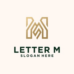 Abstract monogram logo M tech letter design set in gold color