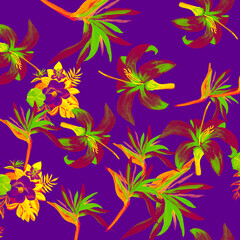 Fototapeta na wymiar Violet Pattern Textile. Blue Tropical Vintage. Cobalt Floral Design. Golden Flora Art. Navy Decoration Design. Indigo Isolated Foliage. Yellow Spring Textile.