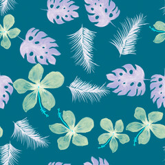 Violet Seamless Design. Azure Pattern Illustration. Cobalt Tropical Exotic. Indigo Wallpaper Leaves. Pink Drawing Leaf. Blue Decoration Painting. Monstera Leaves.