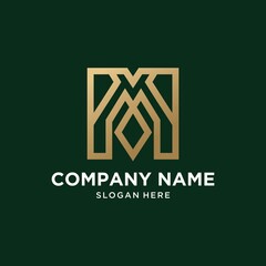 Abstract monogram logo M tech letter design set in gold color