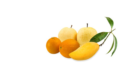 Delicous Asian tropical fruit with fresh oranges , pear, yellow mango fruit with leaf  on  white background .