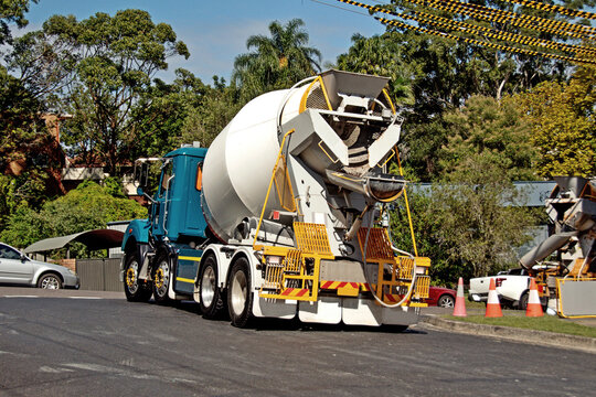  Construction progress. Cement truck delivering to new building site. Gosford, Australia. March 30, 2021. 56-58 Beane St. Part of a series.