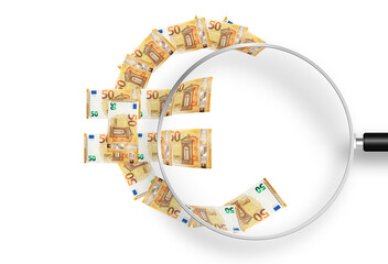 Euro currency symbol made from fifty euro notes. View through magnifying glass