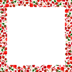 Card with a frame of red vegetables and fruits, berries. Colorful square border with a pattern of cherry, tomato and pepper, pomegranate, apple and strawberry, currant, and other fresh food. For use