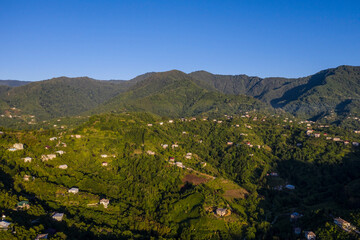 mountains, forest, houses view from the drone