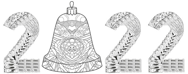 Number 2022 Zentangle with a Christmas ball. Vector decorative object for coloring