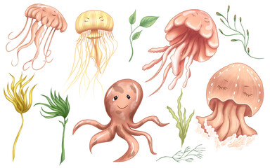 Cute little under the sea creatures, octopus, pink jelly fish, yellow meduza, nursery art decor elements © Яна Сидельникова