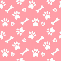 vector seamless pattern with hand drawn white bones and dog paws on a pink background. trend illustration in flat style.