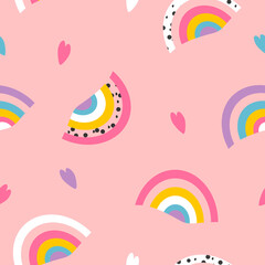 vector seamless pattern with hand drawn white rainbow and hearts on a pink background. trend illustration in flat style.