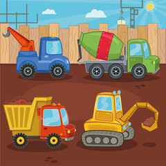 A set of work machine vector illustrations. Crane, concrete mixer truck, digger, dump truck. © armation