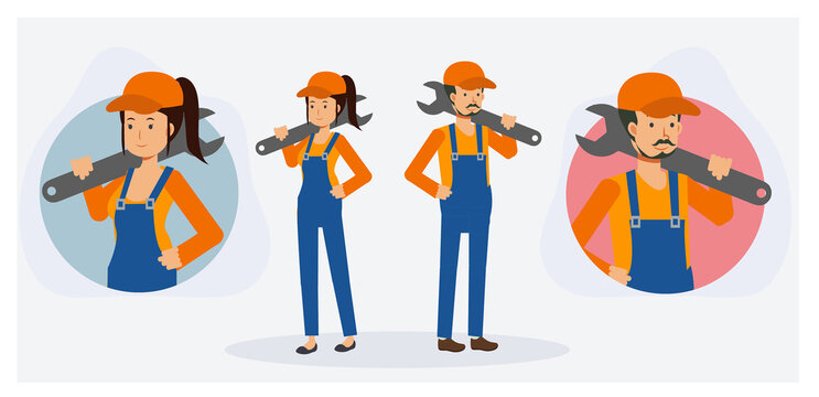 man and woman mechanic repairman, Flat vector cartoon character.