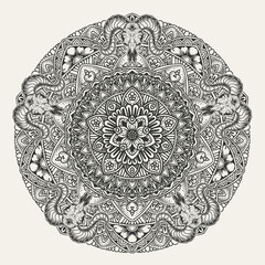 Elegant Circle mandala with goat skull on white background
