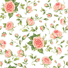  Seamless floral pattern drawn blooming roses with buds
