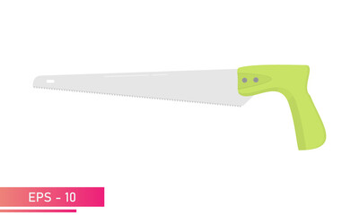 A small carpenter saw with a green handle. Realistic design. On a white background. Carpenter tools. Flat vector illustration.