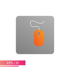 Icon, computer mouse orange on a gray square. On a white background. Devices for the computer. Flat vector illustration.