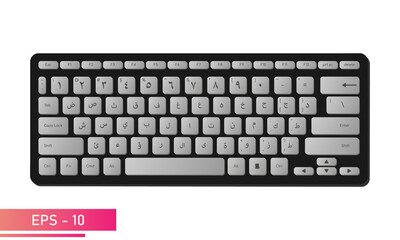 Arabic keyboard in stylish black color with gray keys and symbols. Realistic design. On a white background. Devices for the computer. Flat vector illustration.