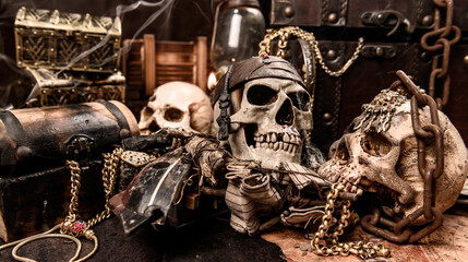Obraz na płótnie Canvas Pirate with human skull. Treasure chest and gold. Discovery equipment and explorer for disappear fortune.