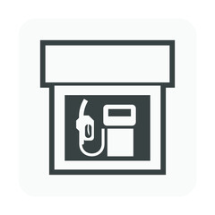 Fuel station canopy enclosing pump and hanging nozzle on black background, outline vector with silhouette details for petrol service catalogs, facility diagrams, refueling maps and forecourt graphics. © DifferR