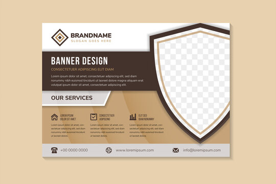 home security design and technology flyer design template use horizontal layout. multicolored brown background combined with white and grey colors. Shield shape for space of photo collage.