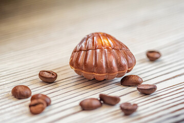 Figures of Belgian chocolate on a light wooden background close-up.