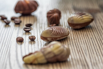 Figures of Belgian chocolate on a light wooden background close-up.
