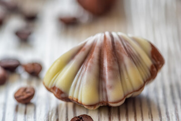 Figures of Belgian chocolate on a light wooden background close-up.