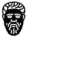 Simplistic black icon of Greek philosopher Socrates at the corner of a square shaped white background with space to write your text