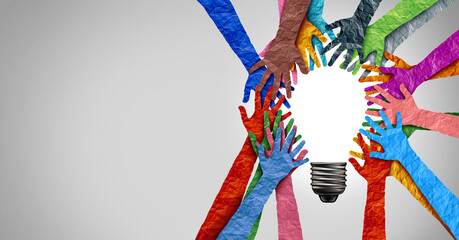 Diverse society thinking together and team ideas as a group of people coming together joining hands into the shape of an inspirational light bulb as a community diversity metaphor