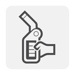 Fuel nozzle vector icon. Automatic device connect to pump and fuel dispenser by flexible hose for refueling car, automobile or vehicle in petrol, gas or filling station, i.e. gasoline, diesel, benzine
