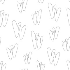 White seamless pattern with hearts in line art style, linear double hearts. White texture with chaotic thin black lines with hand drawn hearts. Abstract background, minimalist wallpaper, love print.
