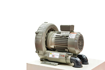 high pressure of industrial semi automatic centrifugal vortex air pump blower or vacuum pump with electric motor on table isolated with clipping path
