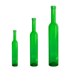 Three green bottles in a row, isolated on white background