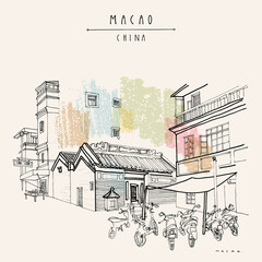 Vector Macao postcard. Chinese Kuan Tai (Sam Kai Vui Kun) temple. Old town historical center. Macau (Macao), China, Asia. Artistic drawing. Asian travel sketch. Vintage hand drawn postcard, poster
