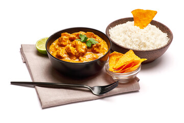 Plate of Traditional Chicken Curry and nachos isolated on white background with clipping path embedded