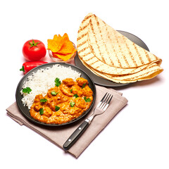 Bowl of Traditional Chicken Curry and nachos isolated on white background