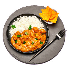 Plate of Traditional Chicken Curry no stone serving board isolated on white background