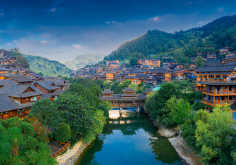 Fototapeta na wymiar Dusk scenery of Qianhu Miao village in Xijiang, Qiandongnan, Guizhou Province, China