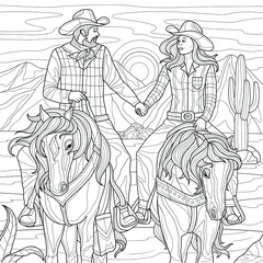 Fototapeta na wymiar Two cowboys on horseback in desert .Coloring book antistress for children and adults. Illustration isolated on white background.Zen-tangle style. Hand draw