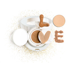 Powder cushion with the inscription love from samples of powder and foundation cream. Cosmetic face powder isolated on white background.